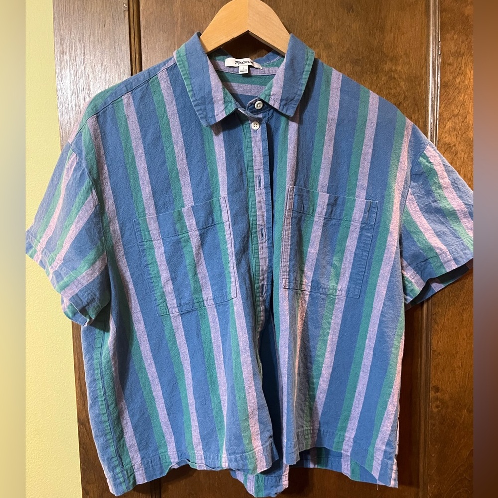Madewell Women's Beachside Linen Blend Striped Button Down Shirt EUC